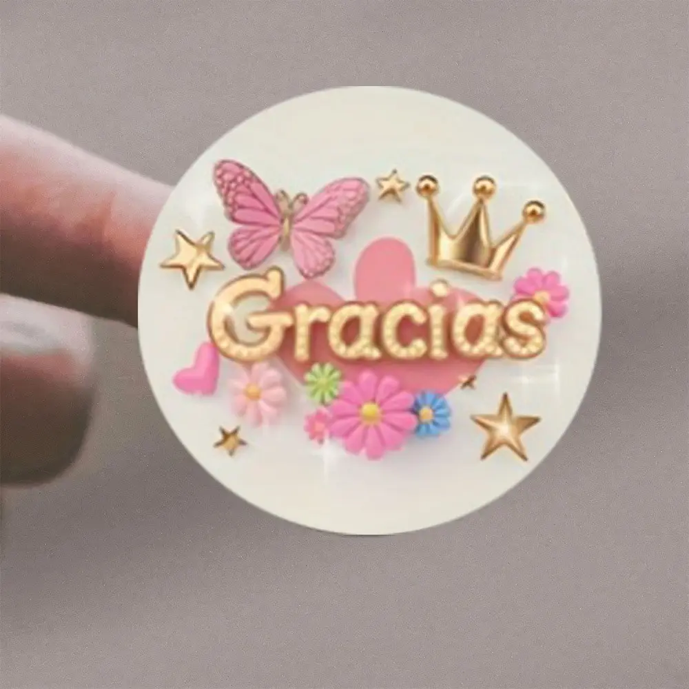 72 Gracias Thank You Stickers, Aesthetic Stickers, Decorative Sticker, Butterfly Crown Design, Sparkling Stars, Vibrant Colors, Floral Accents, Spanish Round Stickers for Events