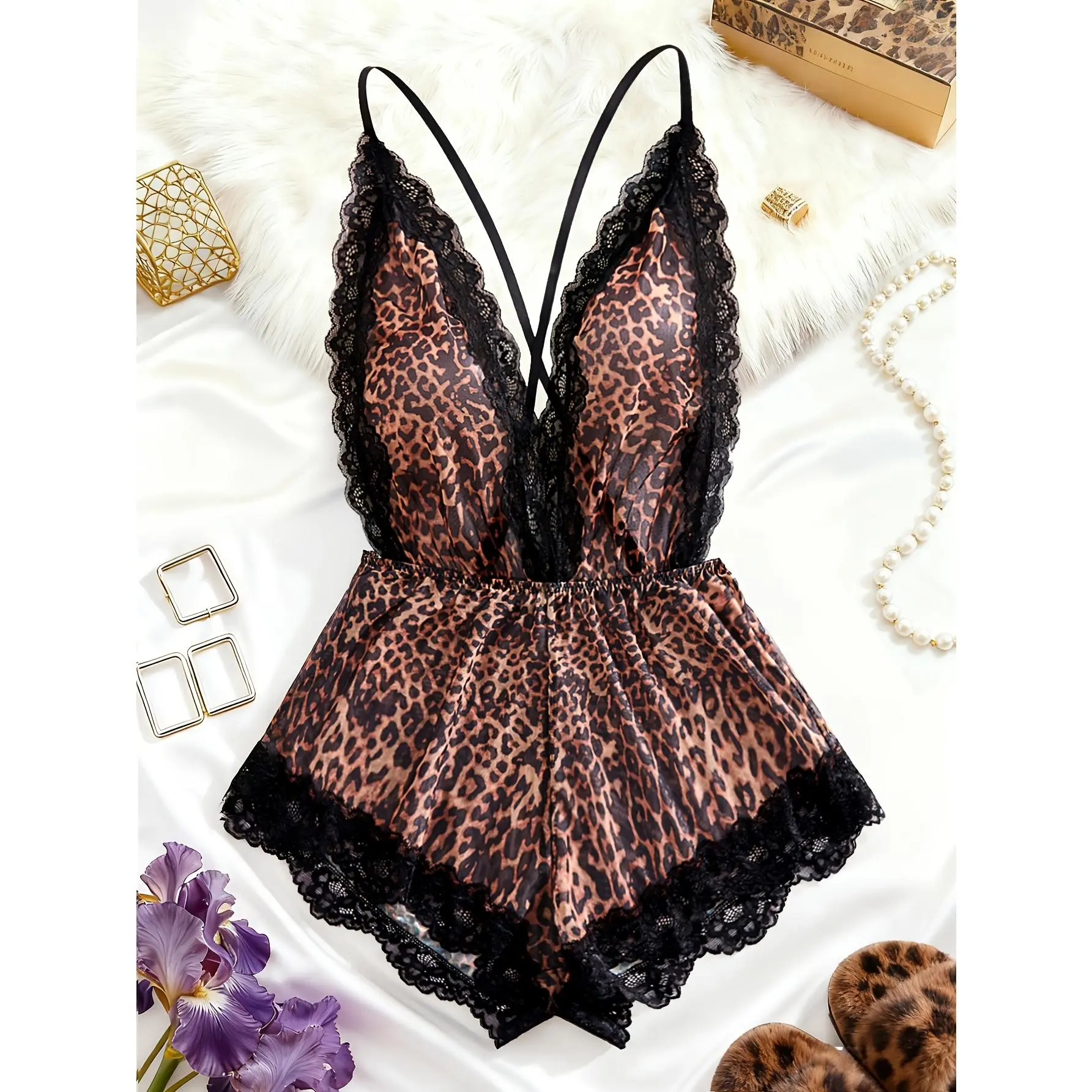 Bodysuit Wanita V-Neck Motif Leopard, Renda Kontras, Tali Punggung Dapat Disesuaikan, Pakaian Tidur Musim Panas yang Elegan