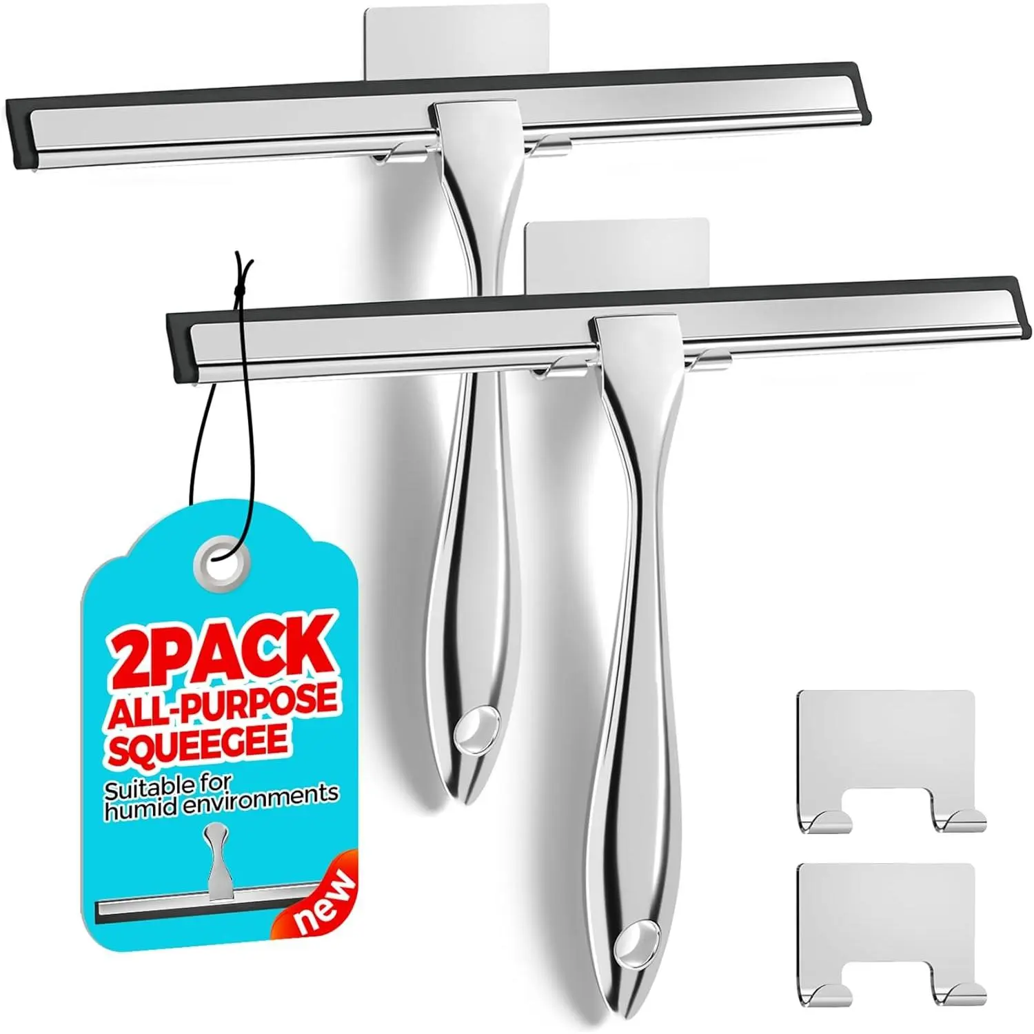 2 count Shower  for Glass Doors with Adhesive  Hook Set | 10” , Bathroom Accessories, Window Cleaner,   Essentials, Soft Rubber , Metal Handle,  Grip
