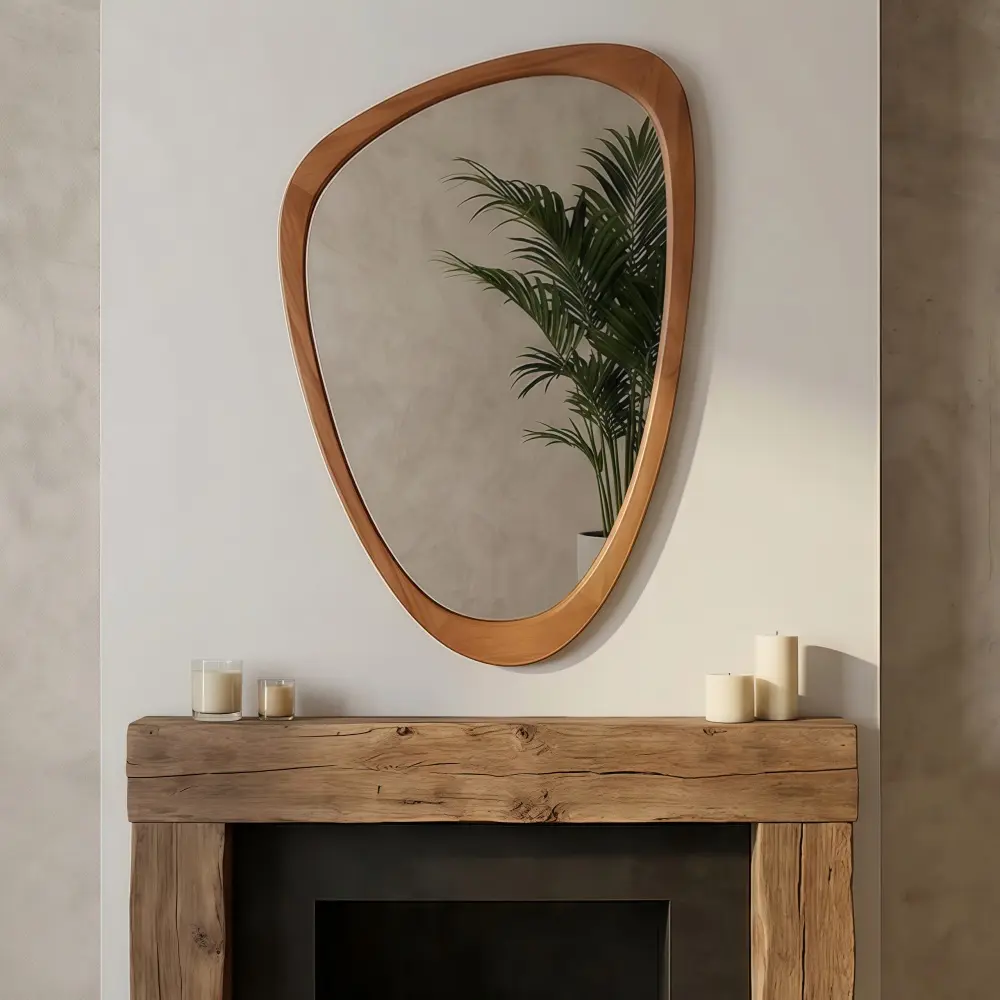 Littleox Yellowish Brown 24"x36" Irregular Solid Wood Frame Decorative Mirror,For Bedroom, Bathroom, Living Room, Entryway