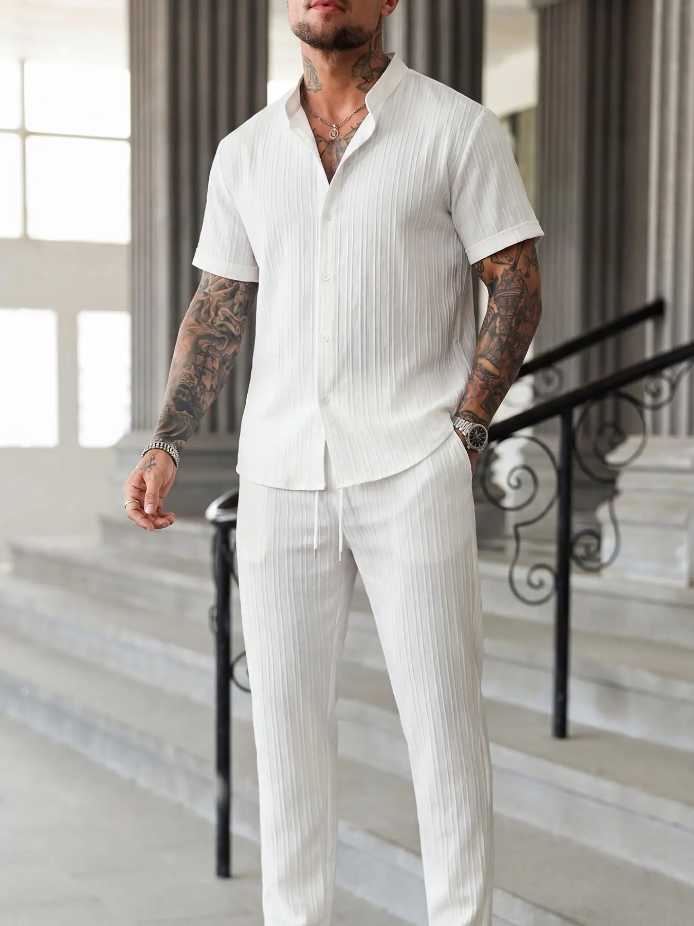 Men's Plain Short-Sleeve Top & Pants Set, Comfy Top & Trousers Set, Sleepwear for Summer, Casual Pajamas Outfit, Casual Lounge Wear, Pj Set