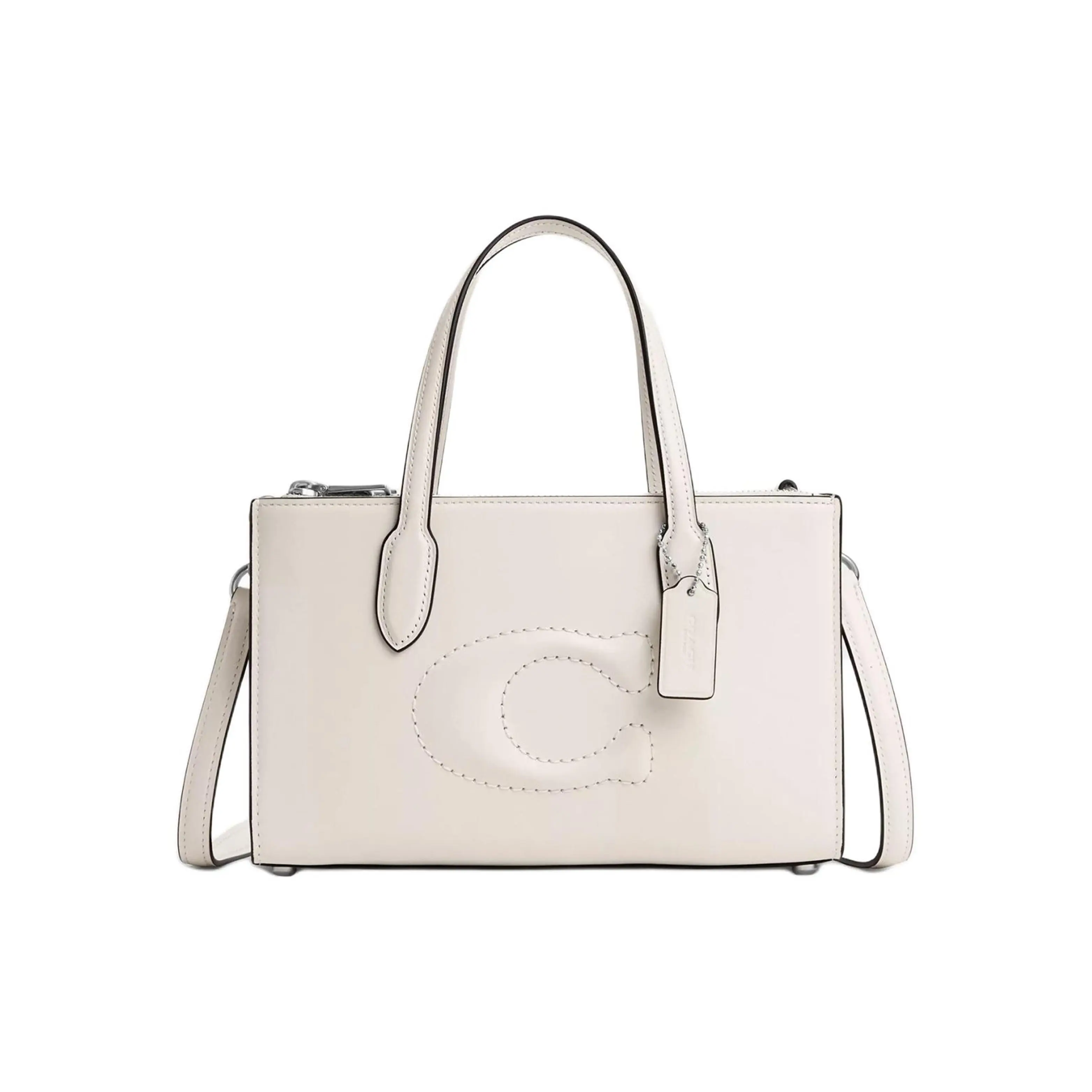 COACH Nina 25 Magnetic Snap Crossbody Handbag for Women, Premium Calfskin, Medium Size, Silver and Chalk Pink