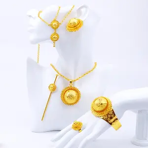 African Bride 24K Gold-Plated Dubai Costume Jewelry 6-Piece Set - Necklace, Earrings, Ring, Bracelet, Hairpin, Head Chain
