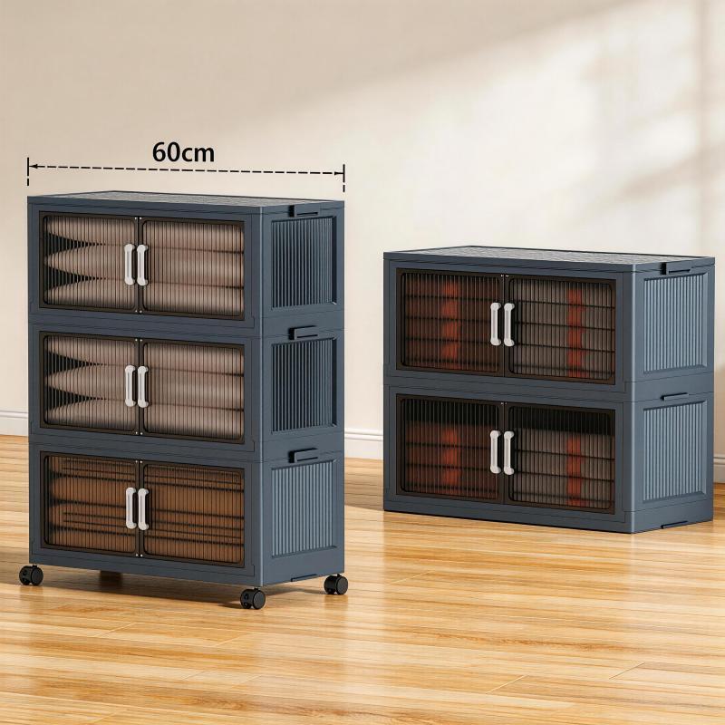 5 Tier Folding Storage Containers with Wheels, Stackable Collapsible Plastic Bins, Durable Organizer for Kitchen Pantry and Closet