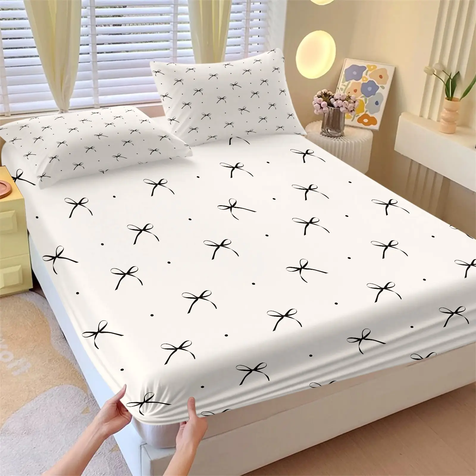3PCS White Base Thin Black Bow Dot Fitted Sheet Set (1 Fitted Sheet + 2 Pillowcases, No Pillows Included),Soft Breathable Fabric,Home HD Digital Printing,Minimal Girly All Season Bedding,Sweet Girly Summer Vibes