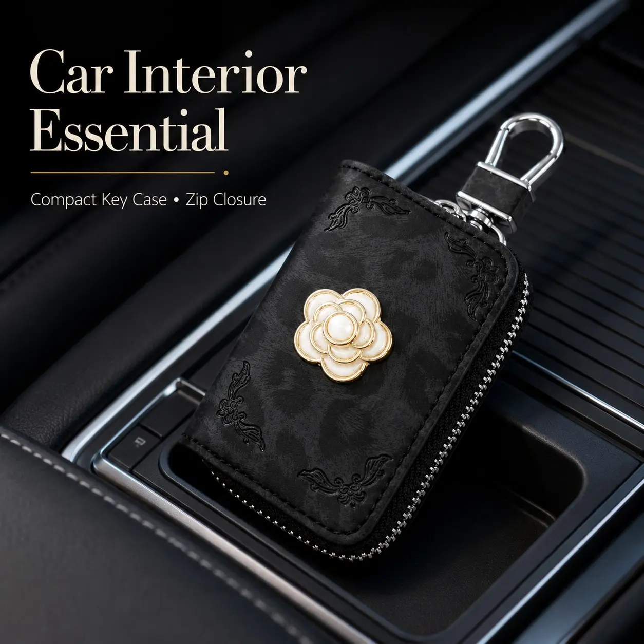 French Style Camellia Leather Car Key Bag for Women, Car Key Accessory, Vintage Print Zipper Pouch, Metal Lobster Clasp, Portable Car Key Case