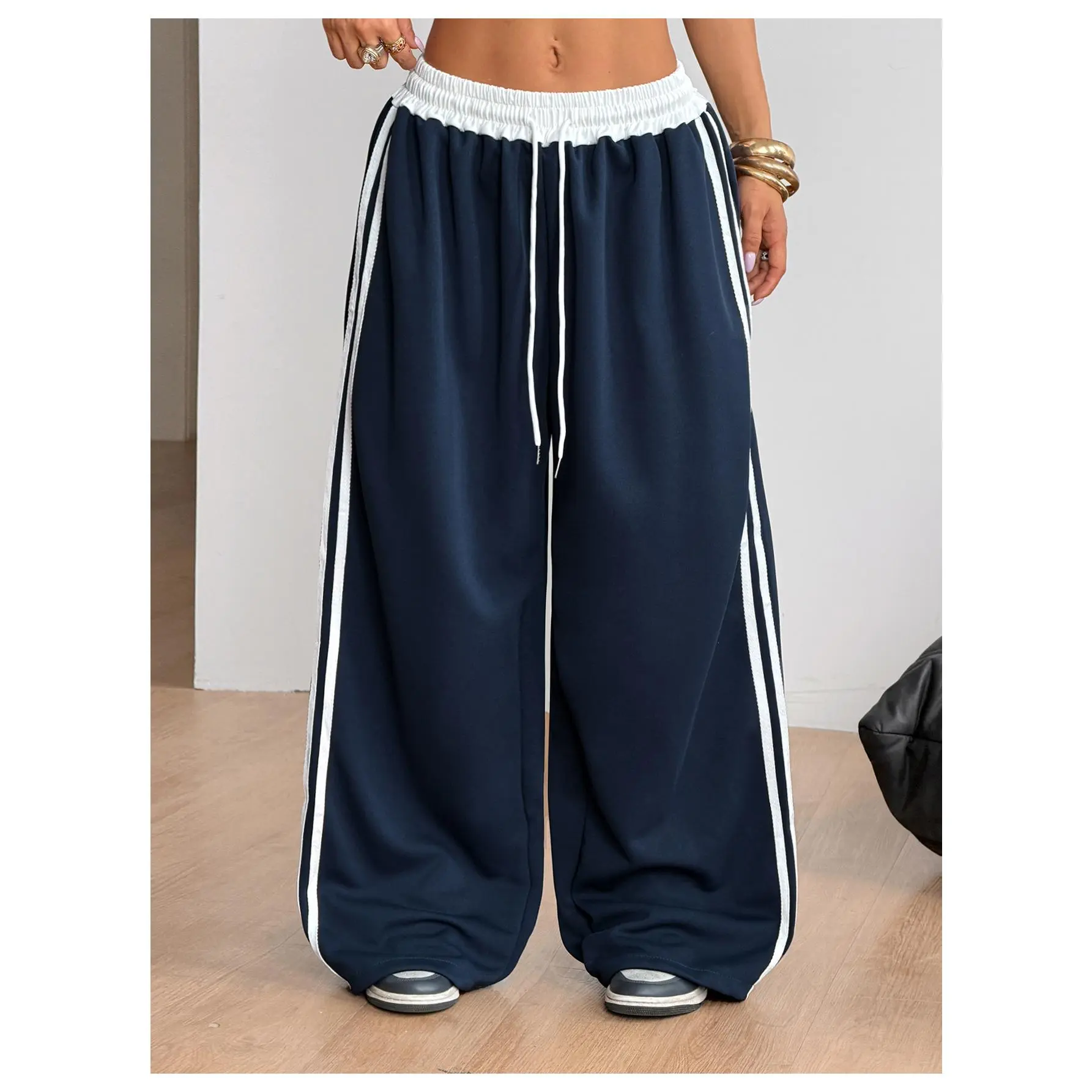 Striped Baggy Pants Drawstring Waist Wide Leg Casual Loose Trousers Sports Sweatpants