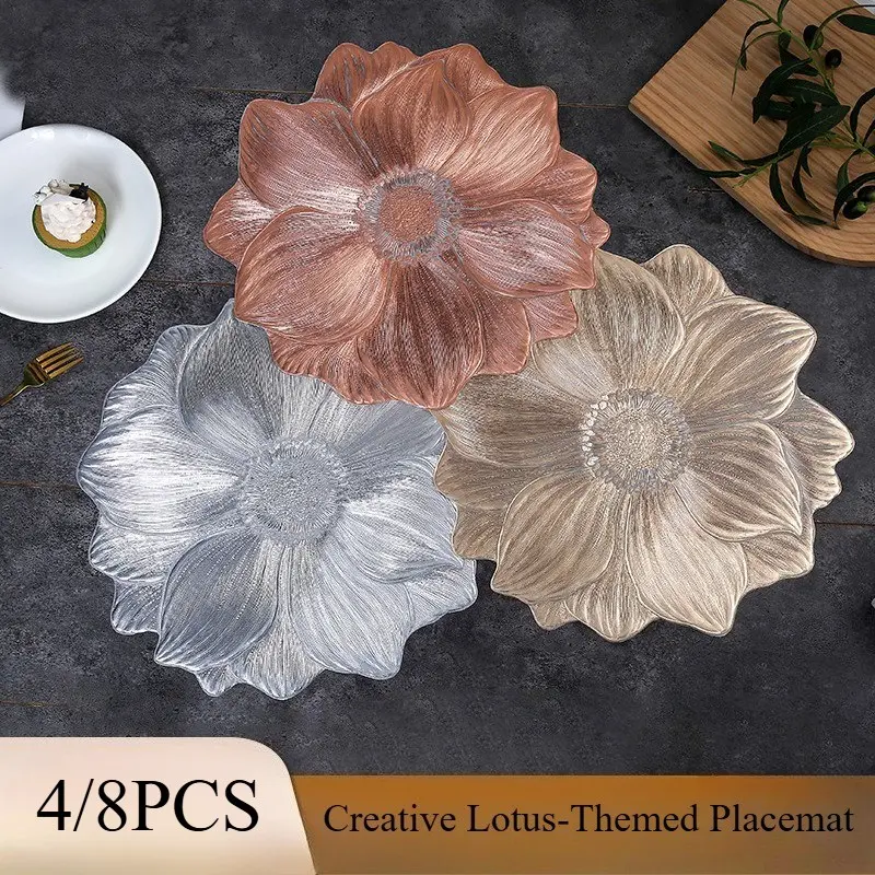 4pcs/8pcs Creative Embossed Flower PVC Placemats, Hotel Restaurant Decorative Heat Resistant Non-Slip Table Mats, Wedding Party Festival Decor, Floral Pattern Placemat