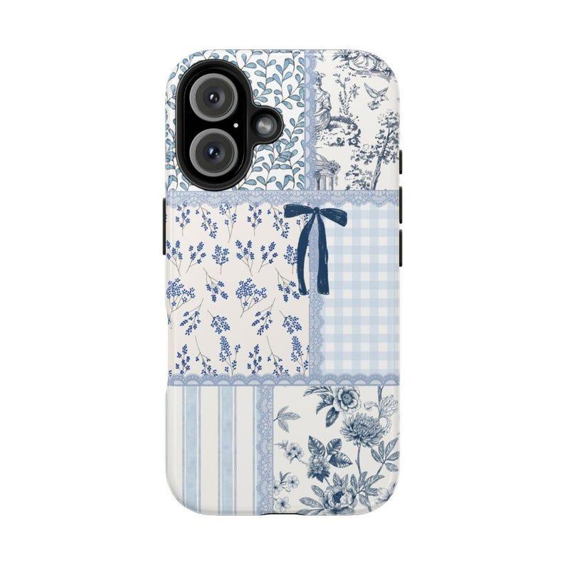 Pastel Blue Patchwork iPhone Case Collection - Toile, Bow, Cow Print, Floral & Lace Aesthetic - Slim, Durable Cover for iPhone  17 Pro Max Plus Air/16/15/14/13/12/11/X and other series models. Can be given as a holiday gift to friends or family.