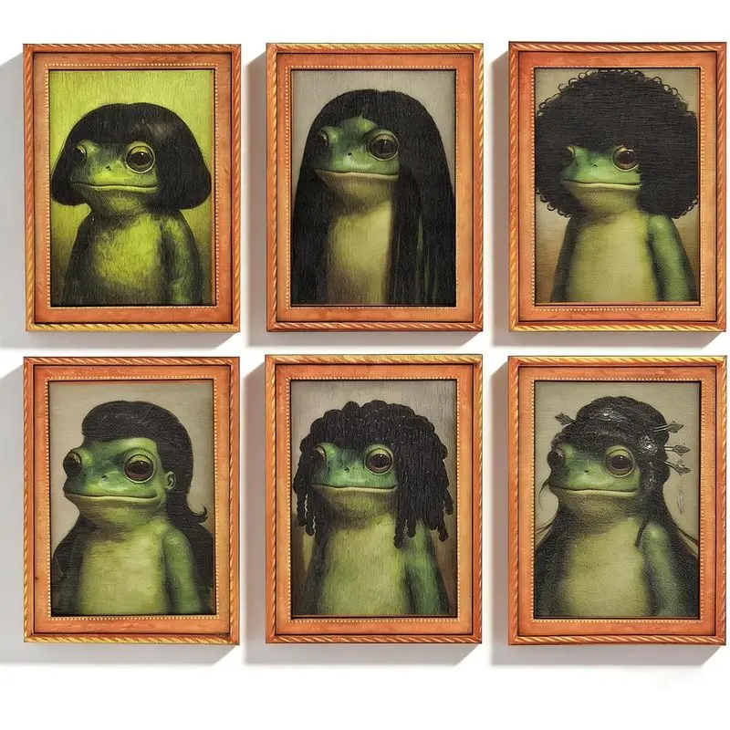 6-Pack Renaissance Frog Fridge Magnets with Bob Wigs, Vintage Portrait Magnetic Frames, Weirdcore Meme Kitchen Accessories for Fridge Display, Home Decor Gift Idea
