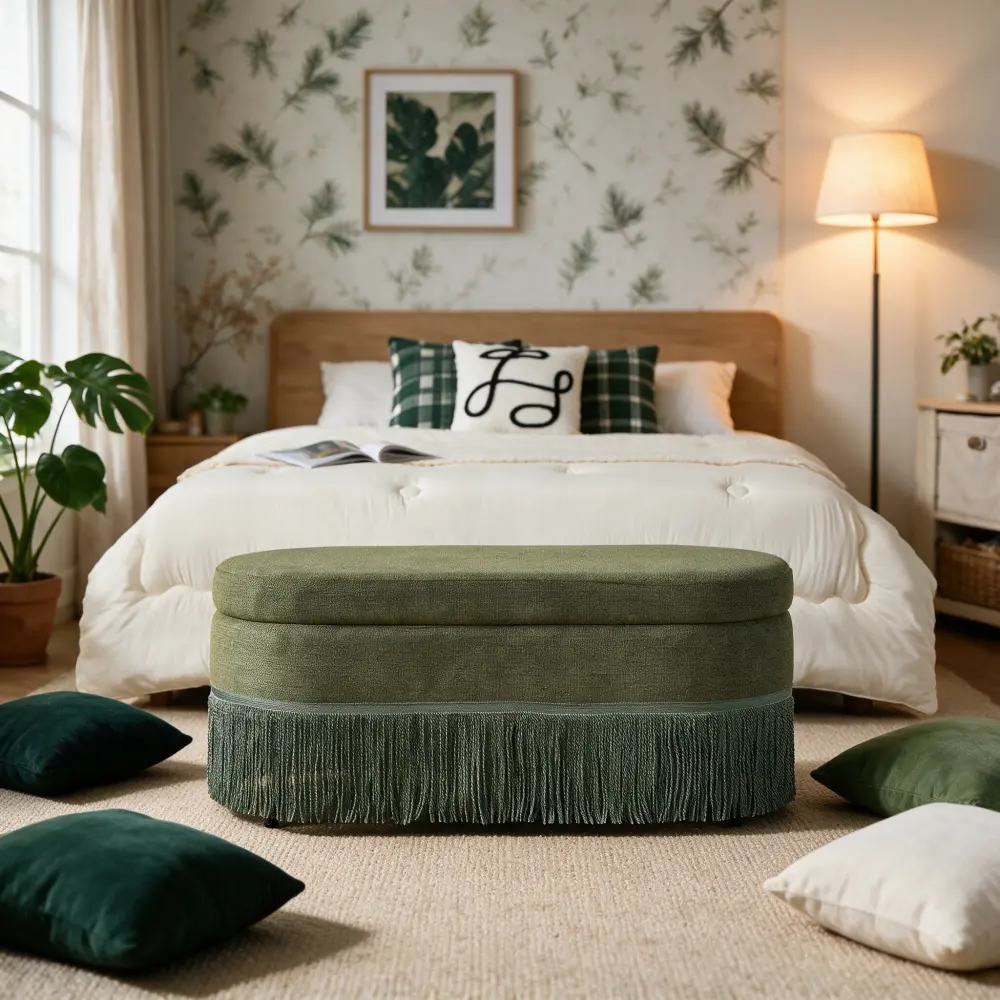 39" Oval Storage Ottoman with Lift Top Lid, Upholstered Footrest Bench with Fringe Trim, Hidden Storage Chest with Metal Frame, Multi-Functional Accent Stool for Living Room Bedroom, Green Fabric Ottoman Bench for Seating, Organizer & Home Decor