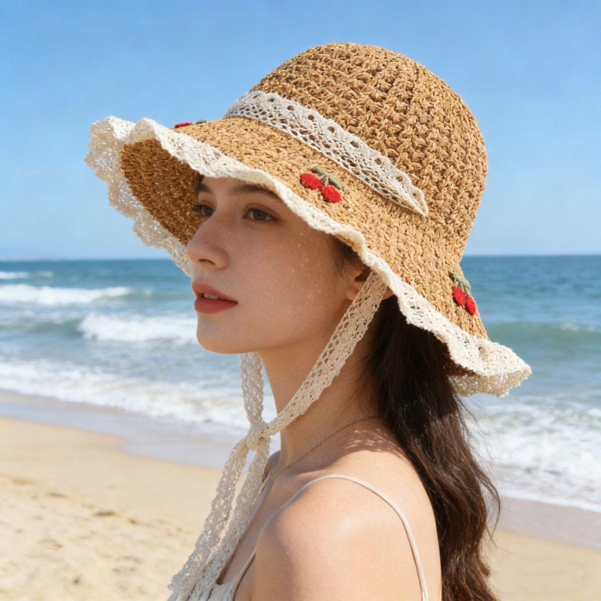 Korean-style Sweet Cherry Embroidered Straw Hat Summer Sun Protection Foldable Trendy Beach Hat for Vacation