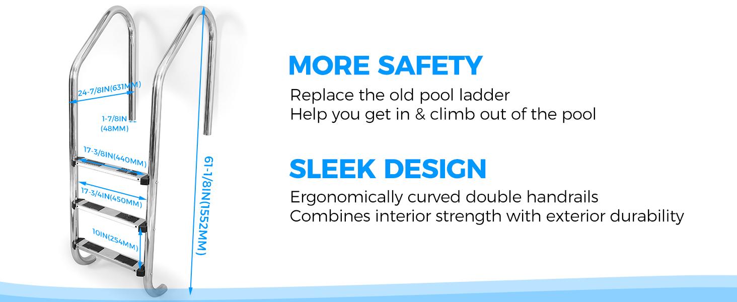 HECASA 3 Step Swimming Pool Ladder with Anti-Slip Pads for Indoor/Outdoor In-Ground Pool 300LBS Capacity Easy to Assemble and Climb 304 Stainless Steel