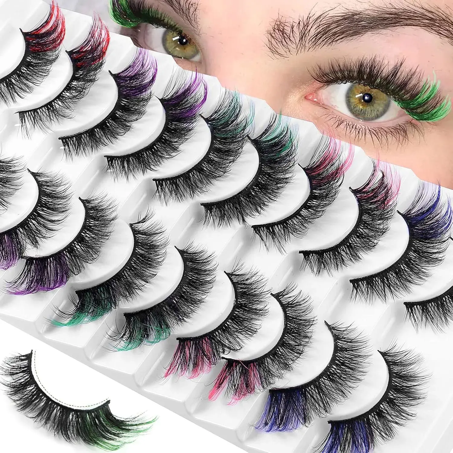 Eyelash Extensions with Colored Ends, 10 Pairs D-Curl Soft Faux Mink Lashes, Reusable Long Thick Wisps for Dramatic Cosplay Makeup, Lash Extension, Eyelashes Extensions