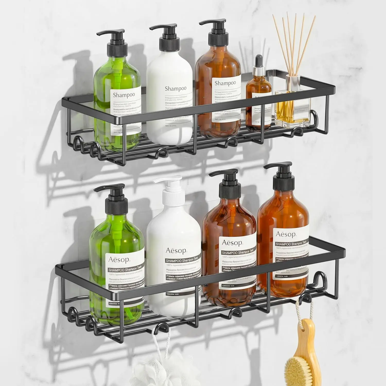 Adhesive Large Wall Shower  Shelves for Inside Shower with Hooks | 2 Pack Shower Organizer Basket Rack, Shampoo Holder for Dorm Apartment RV Camper, Bathroom Storage and Organization, Black
