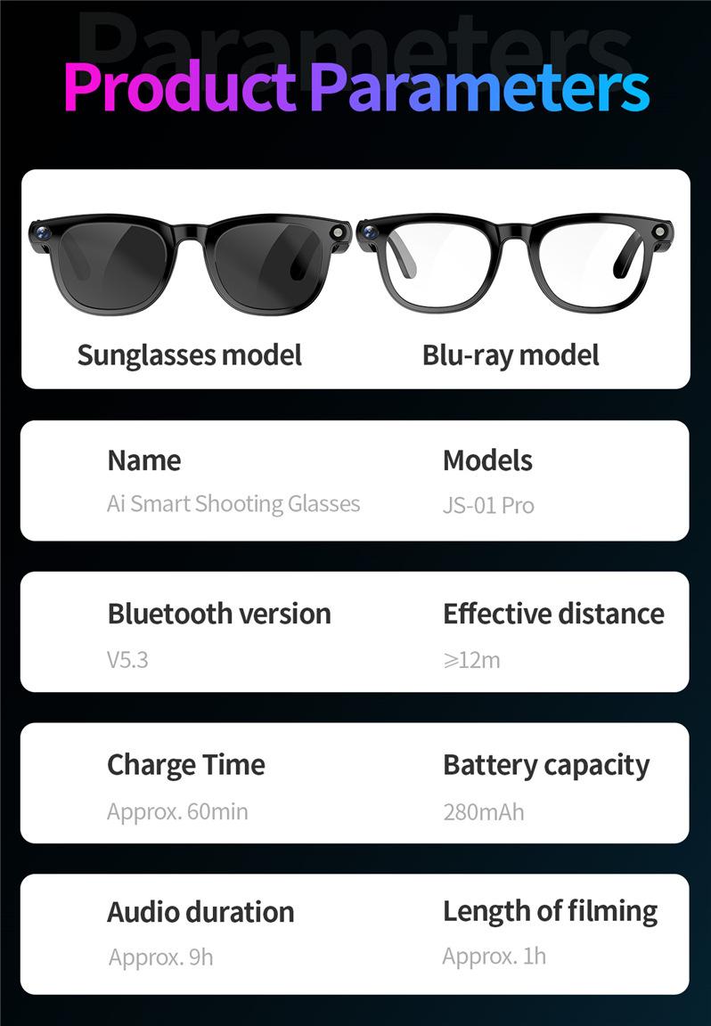 JS-01 Pro Smart Glasses Bluetooth Call Camera Video Recording with Black Tech Notification Wholesale