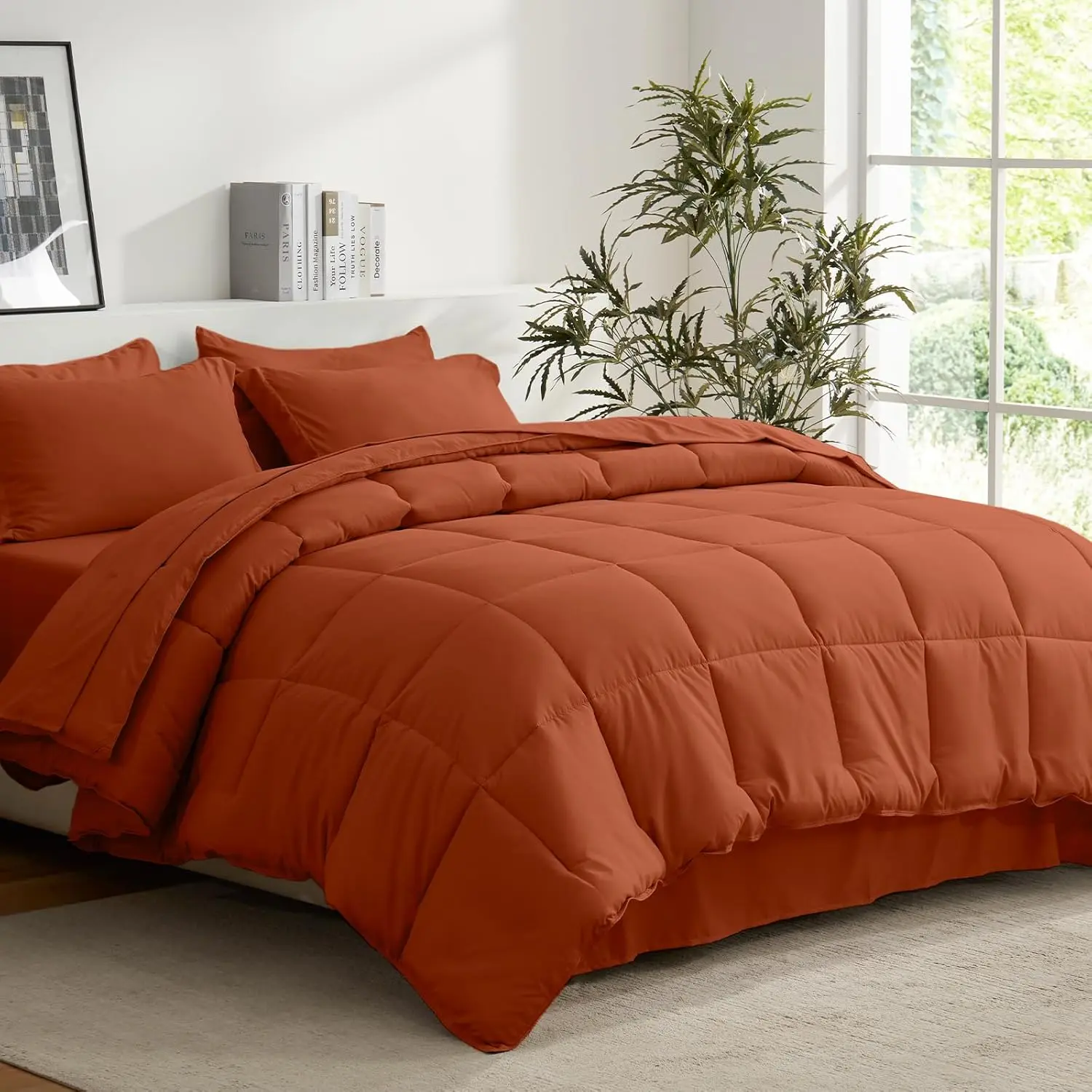 Full Comforter Set 7 Pcs, Burnt Orange Bed in a Bag |   All Season Lightweight Soft Reversible Bedding Sets, 1 Comforter, 1 Flat Sheet, 1 Fitted Sheet, 2 Pillow Shams, 2 Pillowcases