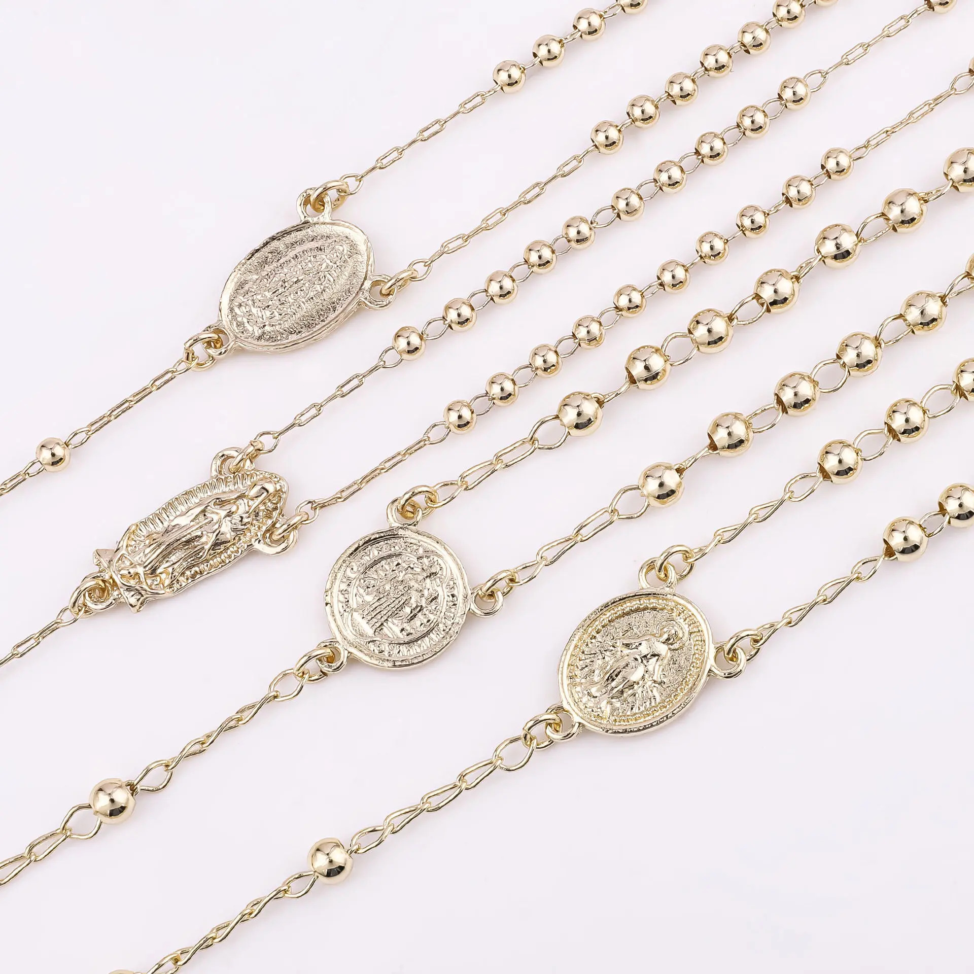 1Pcs Gold Tone Bead Catholic Rosary Bracelet Set - Virgin Mary Saint Benedict & Saint Jude Medal Wristband Religious Faith Protection Jewelry Gift Suitable For Women