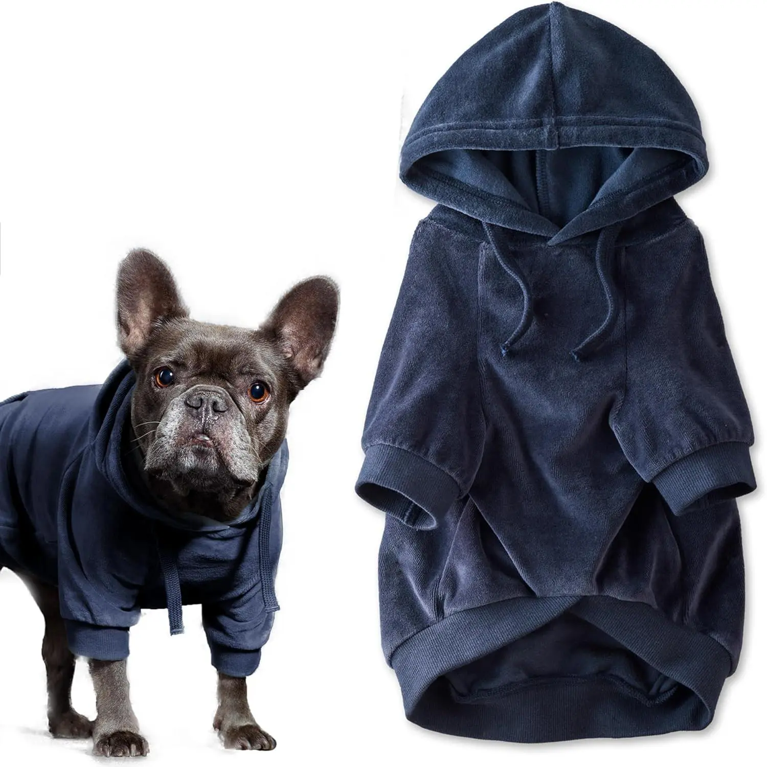 Organic Cotton Velour Dog Hoodie - 1-Piece Sustainable Eco-Friendly Pet Coat with Maximum Flexibility, Cozy and Happy Feel for Small, Medium, Large Dogs - Ideal for Runs, Walks - Navy, Medium Fit
