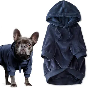 Organic Cotton Velour Dog Hoodie Pet Coat for Small, Medium and Large Dogs, Navy, Medium