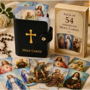 54 Assorted Catholic Holy Cards with Leatherette Holder, Pocket Prayer Cards for Devotion, First Communion & Catholic Party Favors, Assorted Card Sets