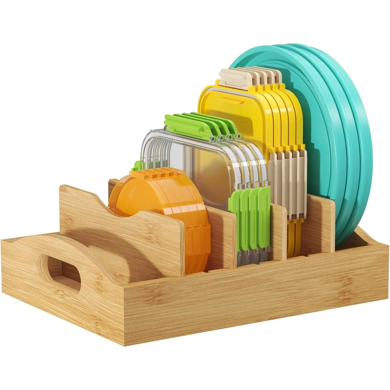 Bamboo Lid Organizer with 5 Sections, Plastic Kitchen Cabinet Insert for Home Organization