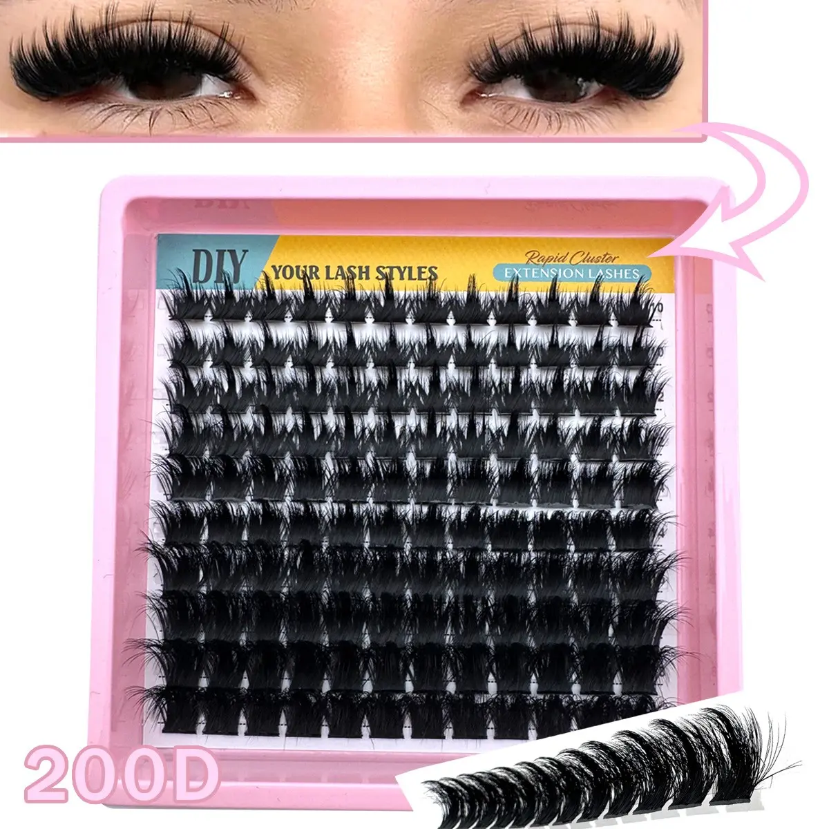 Natural Fluffy False Eyelashes, 200D/300D Lash Extensions, D Curl, Fine Single Lashes, Mixed Lengths 10-18mm, Reusable, Easy for Beginners