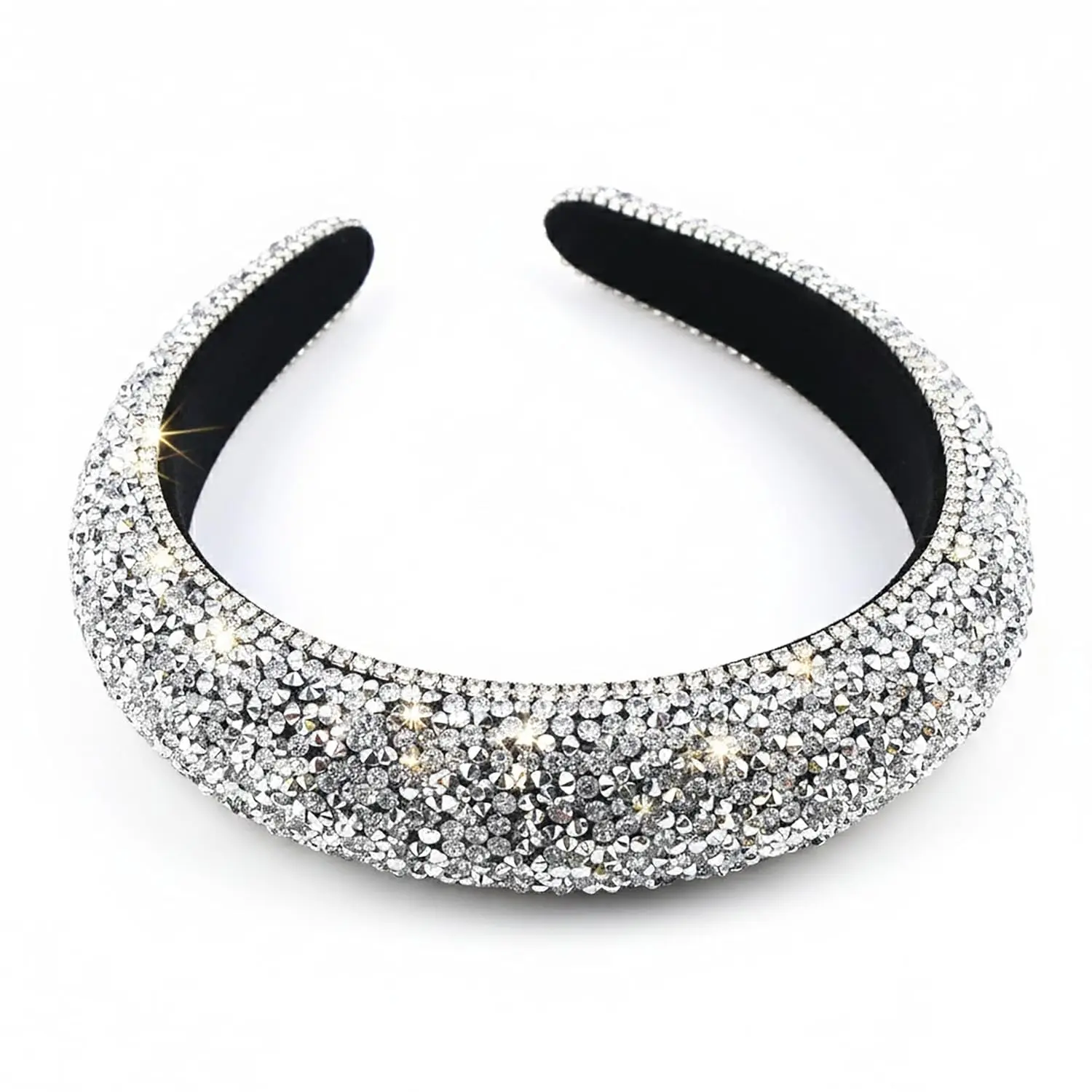 Baroque Rhinestone Crystal Headband for Women, Glamorous Wide Silver Padded Velvet Hair Accessory for Party, Wedding & Birthday, Bling Crystal, Hair Hoop Accessories, Headbands