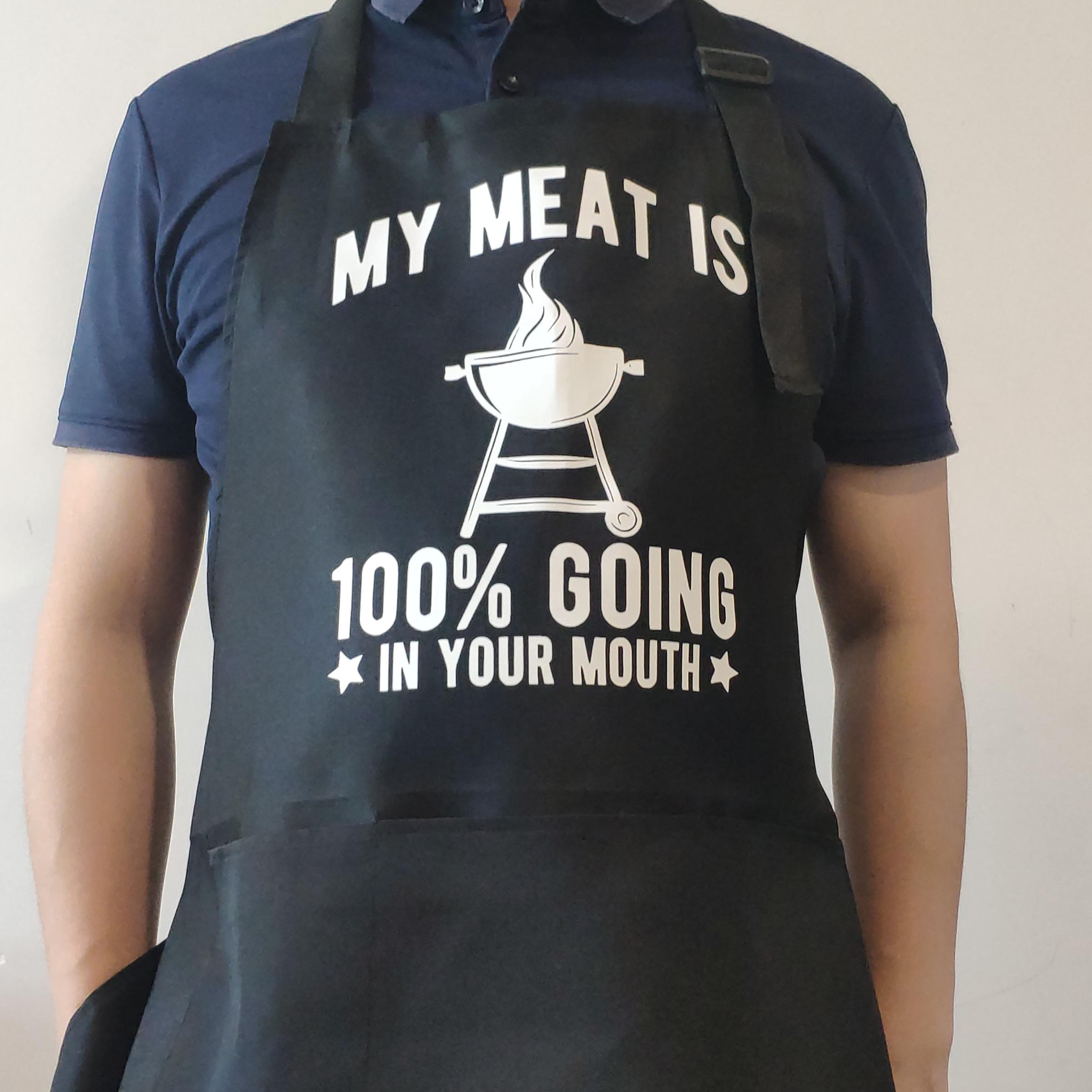 Polyester Kitchen Apron With Adjustable Neck Strap & 3 Pockets, 1 Count Unisex BBQ Apron, Birthday Present,Gift for Husband,Son & BF,Father's Day Gift,Gift for Daughter&Wife&GF,Mother's Day Gift,With Slogan"MY MEAT IS 100% GOING IN YOUR MOUTH"