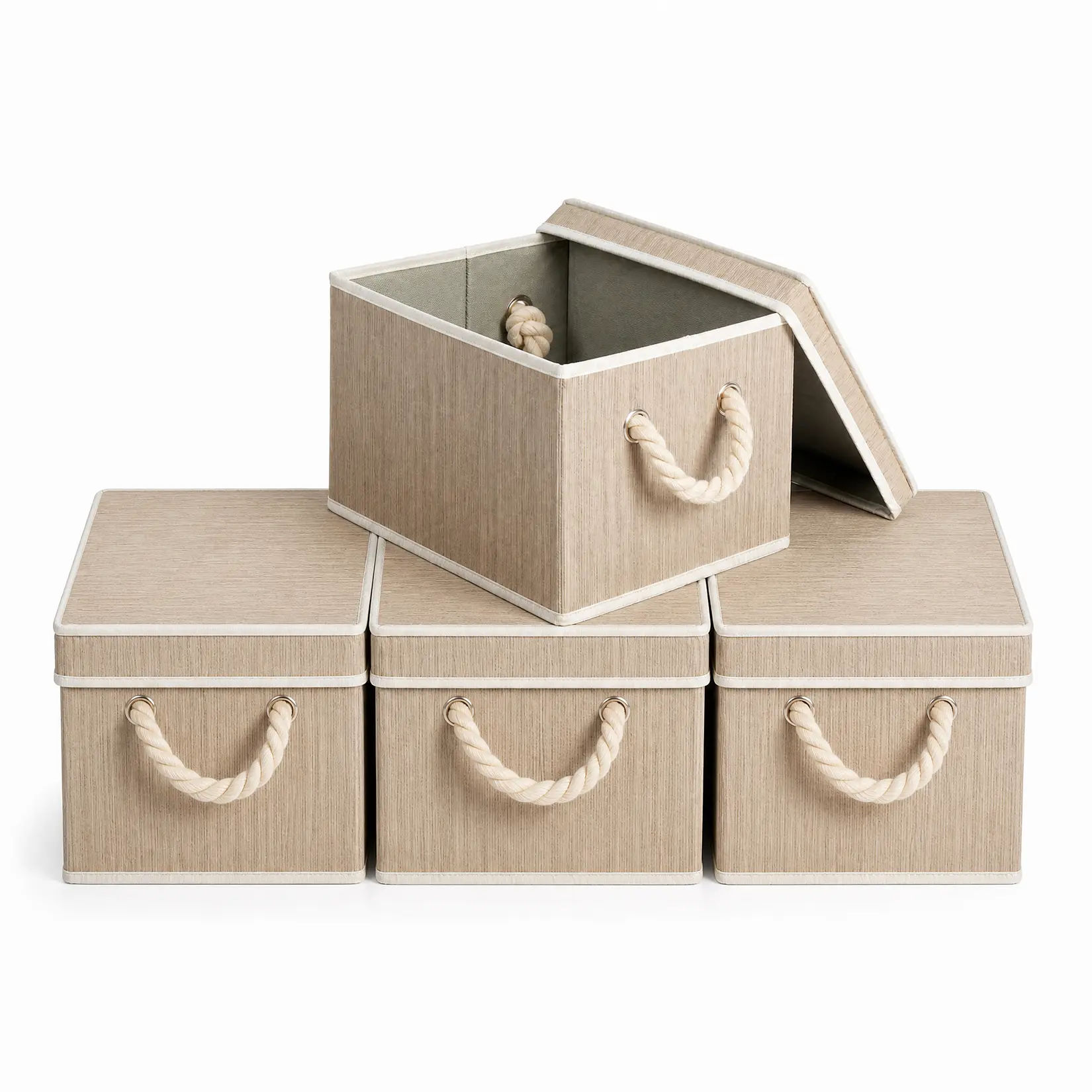 Collapsible Fabric Storage Bins with Lids – 4 Pack Organizer Boxes, Reinforced Rope Handles, 11.81 x 6.69 x 9.05 in, Beige Polyester Cotton, Fine particles-Proof for Closet, Bedroom, Clothes, Toys