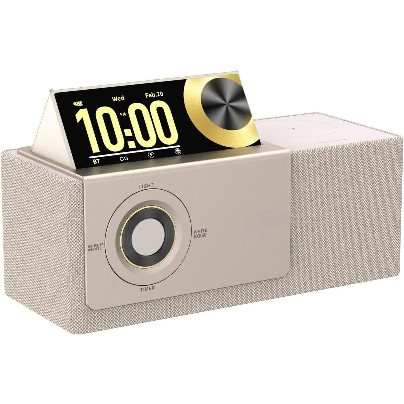7 in 1  Speaker   Station for   | Sound with Punchy Bass, Sunset Lamp & White Noise for Sleep,  Flip-Up LCD Display, Clock Syncs Phone's Time and Date