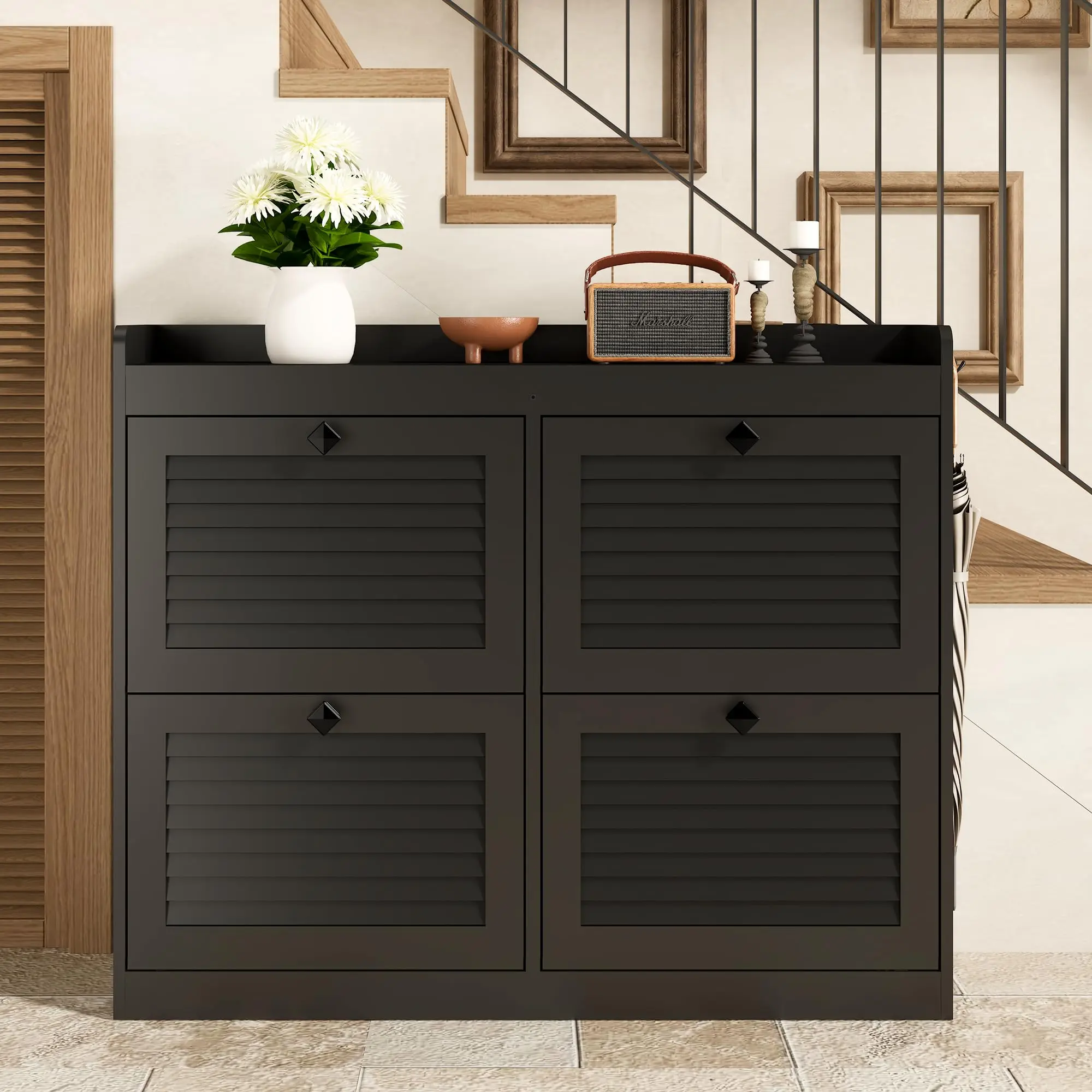 Large Slim Shoe Storage Cabinet – 4 Turnover Drawers – Adjustable Shelves – Modern Freestanding Shoe Organizer with Wooden Legs, Anti-Tip, Narrow Design for Entryway, Hallway, Bedroom, Living Room – Black or Light White