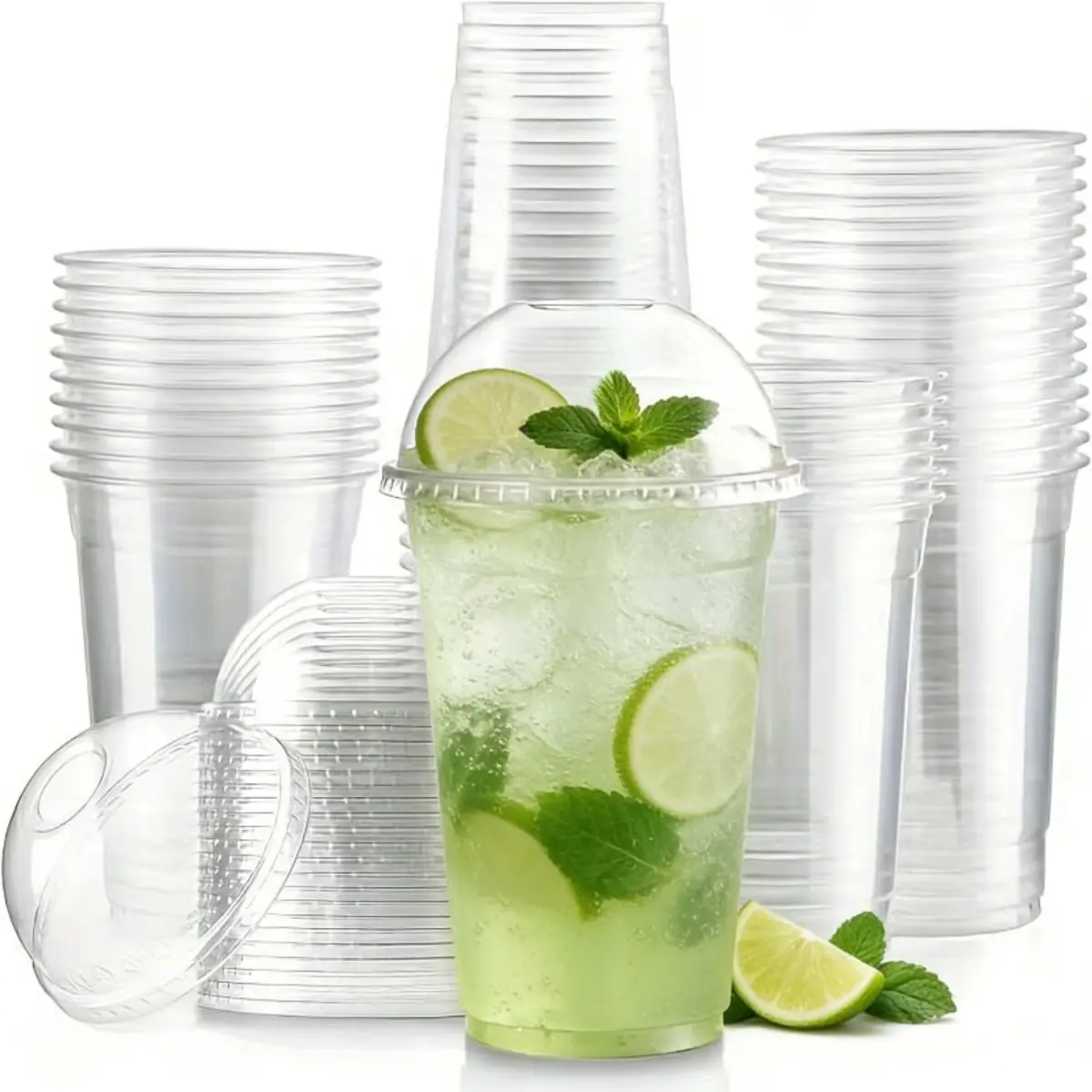 50 Pack Clear High Quality Plastic Cups with Lids Durable Leak Proof Cold Drink Cups Disposable Party Cups with Flat Dome Lids Ideal for Iced Coffee Smoothie Boba Tea Lemonade Juice Home Restaurant Picnic Outdoor Events Stackable Storage