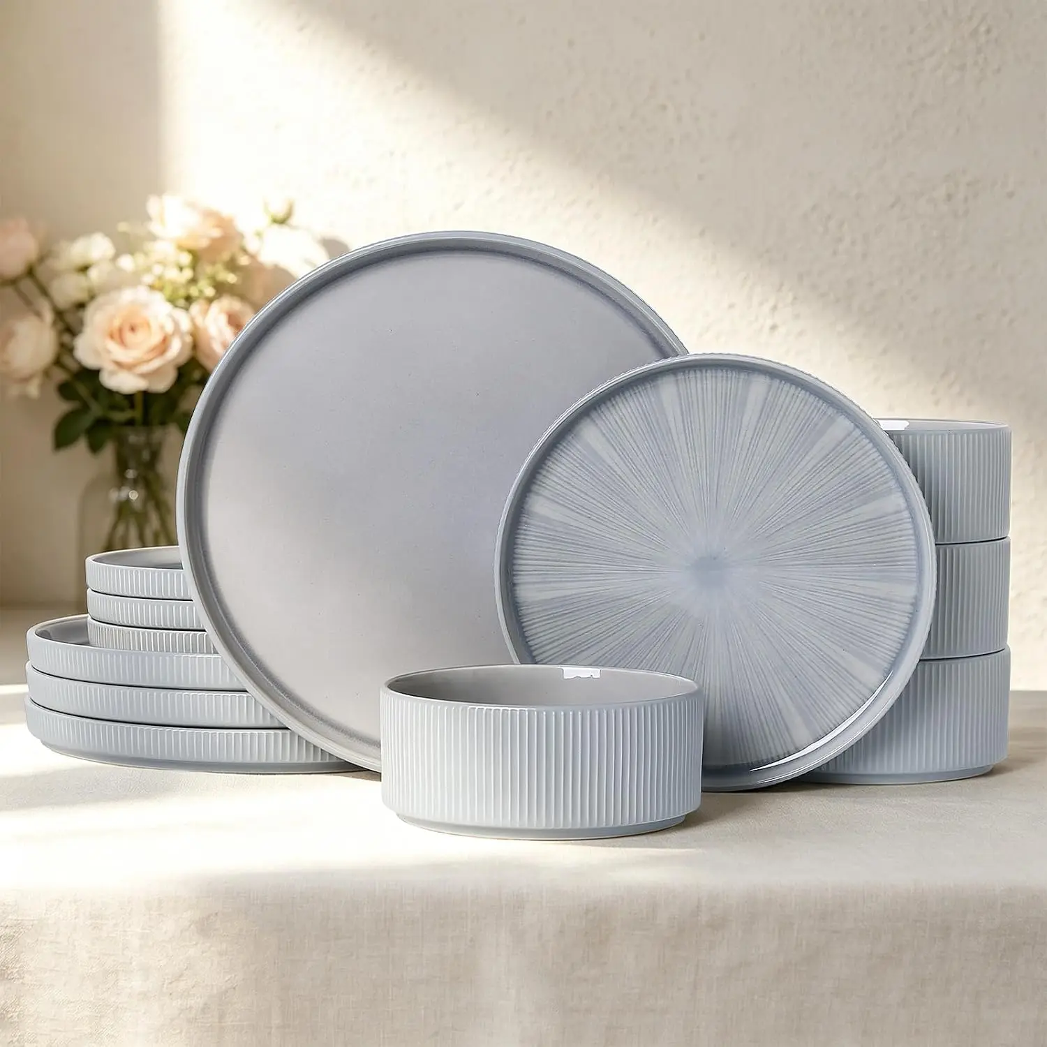 Stoneware Dinnerware Sets for 4, 12- Plates and Bowls Set, Dusty Blue |  Inkjet Printing Ceramic Dishes, Modern Minimalist Tableware, Scratch Resistant, Microwave and Dishwasher Safe