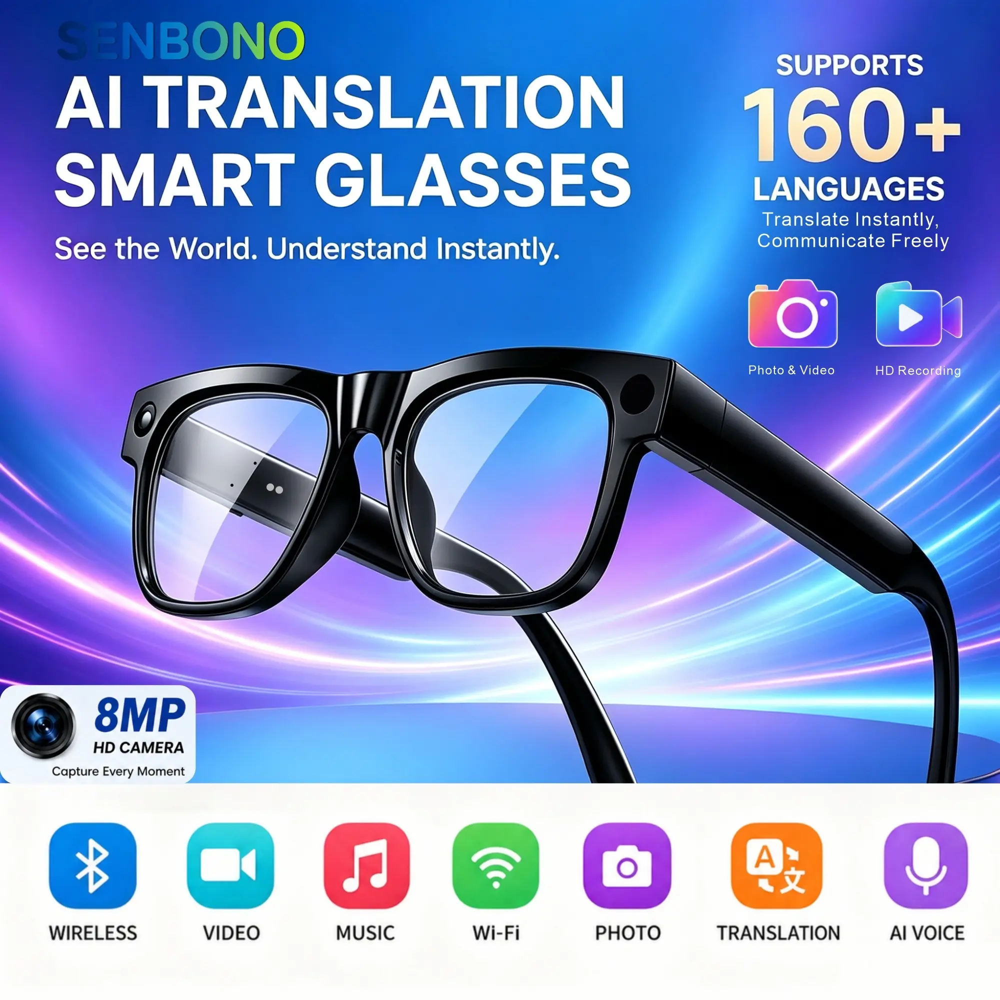 Smart camera glasses, Ai camera glasses, 8-megapixel high-definition video recording glasses with audio function, color changing sunglasses, language translation, voice assistant, hands-free music and calling, suitable for indoor and outdoor use