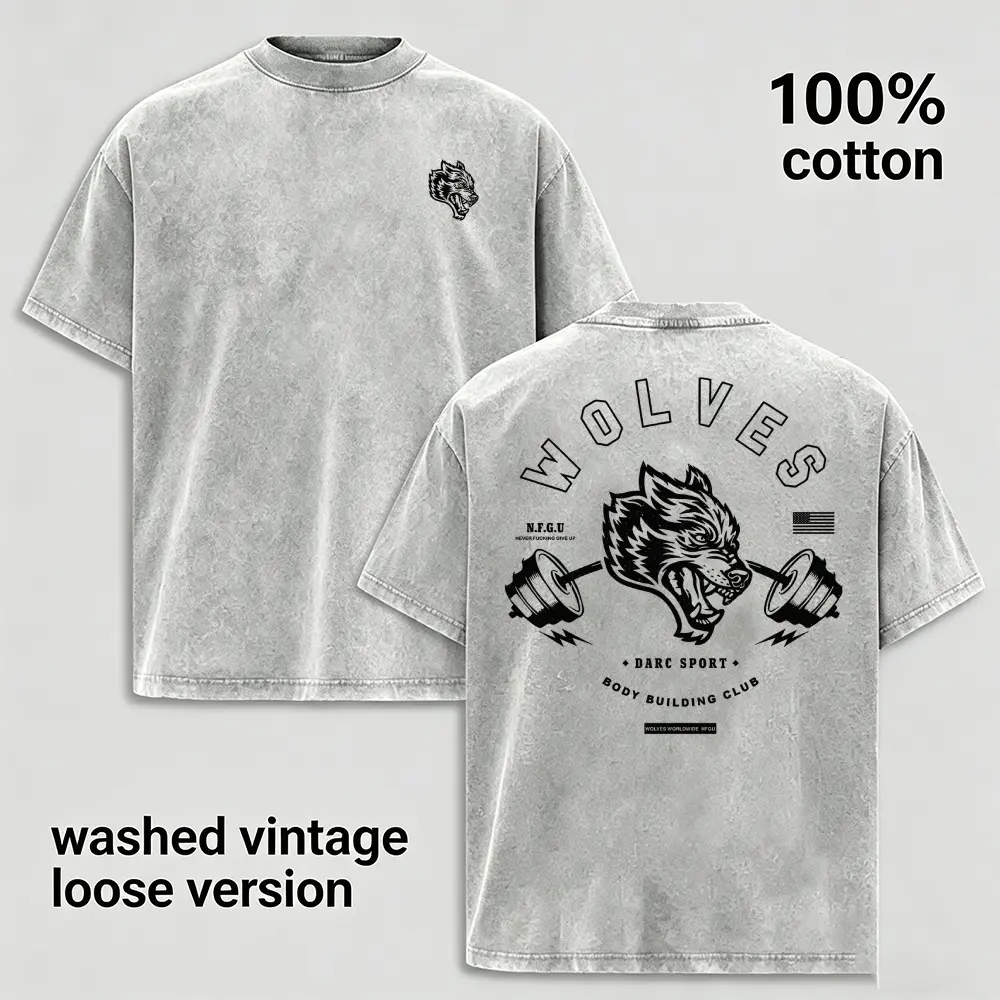 Men's Unisex Loose Vintage Acid Wash Darc Sport Wolves Training T-Shirt - Shortsleeve, Round Neck, Soft Breathable Cotton, Drop Shoulder, Bold Back Wolf Barbell Graphic - Casual Classic Outdoor Workout Streetwear Summer Top
