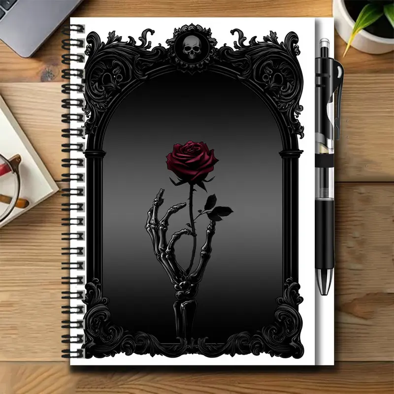 Dark gothic style 2D cover spiral notebook and pen set, featuring skull and rose patterns. It's a great aid for work and study, suitable for journaling, note-taking, Spiral Coil Notebook. An excellent gift