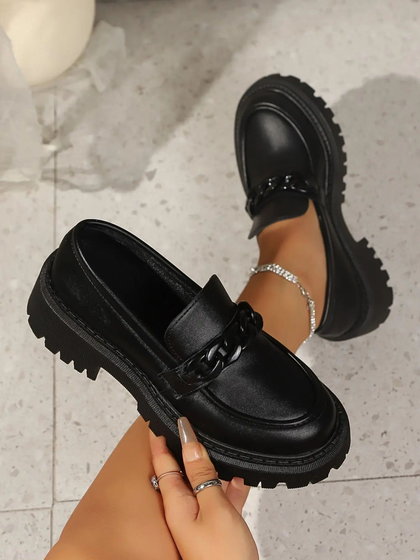 Women Chain Decor Platform Loafers, Leather Slip on Chunky Sole Penny Loafers, Vintage Non Slip Casual Work Shoes
