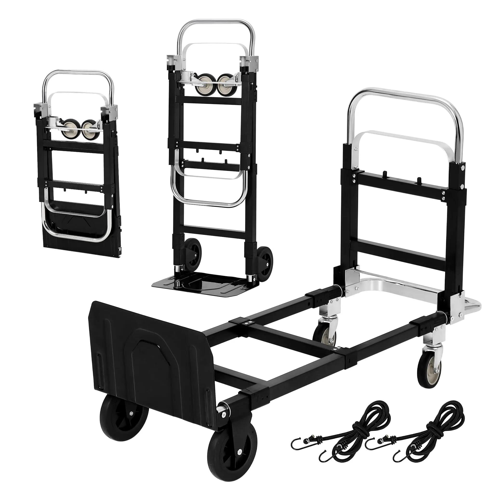 GARVEE 2-in-1 Convertible Carbon Steel Foldable Hand Truck Dolly, 220 lbs Load Capacity Warehouse Duty Cart with Wheels, Elastic Straps for Home, Warehouse Use