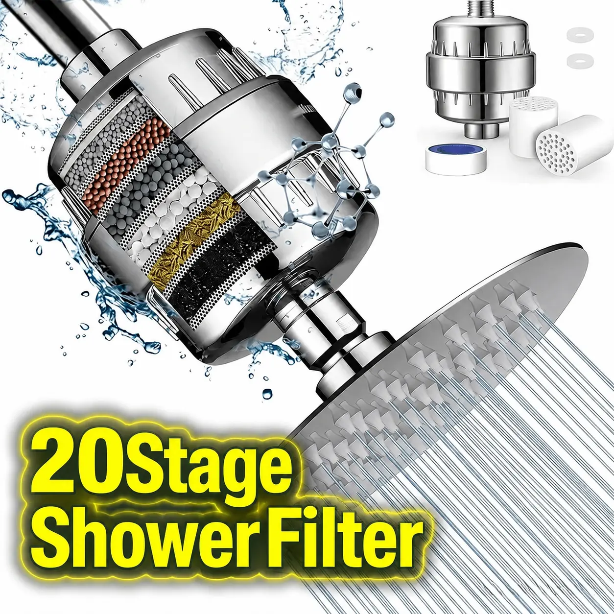 GMOX 20 Stage Shower Filter, High Output Universal Shower Head Water Filter, Remove Chlorine Heavy Metals Hard Water Softener Filter for Dry Skin Hair Bathroom Easy Install