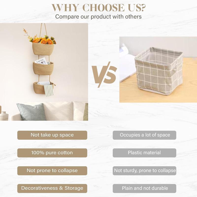 Woven cotton 3-Tier Over the Door Basket, Wall-Mounted Jute Storage Organizer – Decorative Nursery Baskets, Perfect for Busy Mom/Dad to Store Diapers & Toys small basket Gift Hook laundry basket house organizers