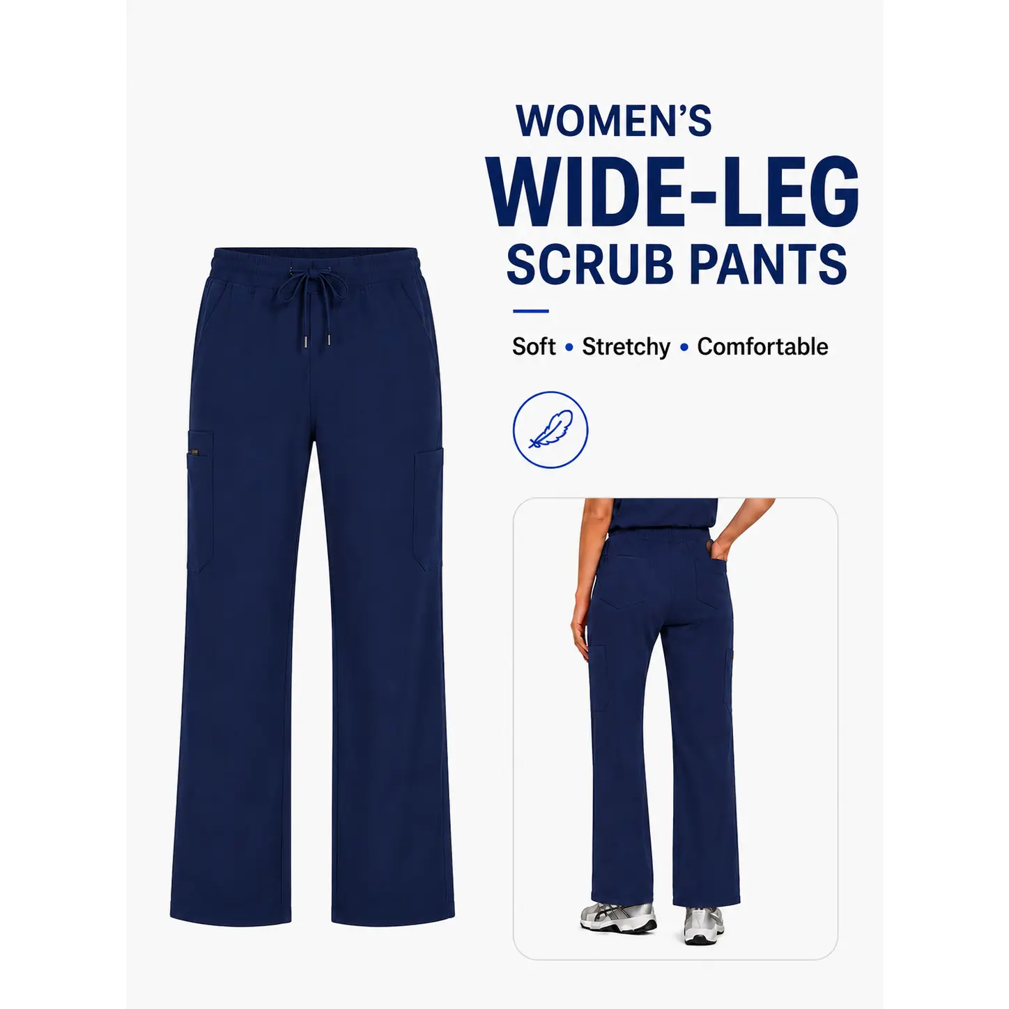 Women's Stretchy Wide-Leg Scrub Pants - Relaxed Fit Athletic Cargo Bottoms with Belted Adjustable Drawstring Waist, Breathable A-Type Design, Coin Pocket, Elastane Fabric for Hospital Use, Casual All-Season Basics