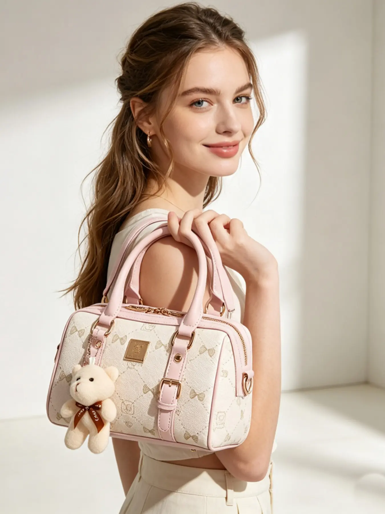 Cute Bear Boston Bag, Elegant PU Leather Crossbody Shoulder Bag, All-Season Lightweight Design, Perfect for Daily Use & Travel
