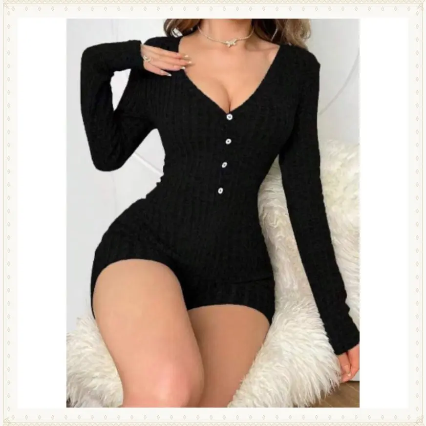 Women's Sexy Deep V Neck Shorts Long Sleeve Knitted One Piece Bodysuit Sexy Pajama Onesie Bodycon Rompers Overall