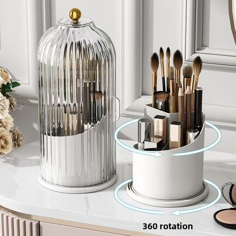Classic 360-Degree Rotating Silicone Makeup Brush Holder with Transparent Lid, Cosmetic Storage Organiser for Vanity, Bathroom Desktop Countertop