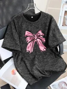 Women's Bow Print Round Neck T-Shirt, Casual Loose-Fitting Short Sleeve Top, All Seasons Outerwear, Simple Fashion Design