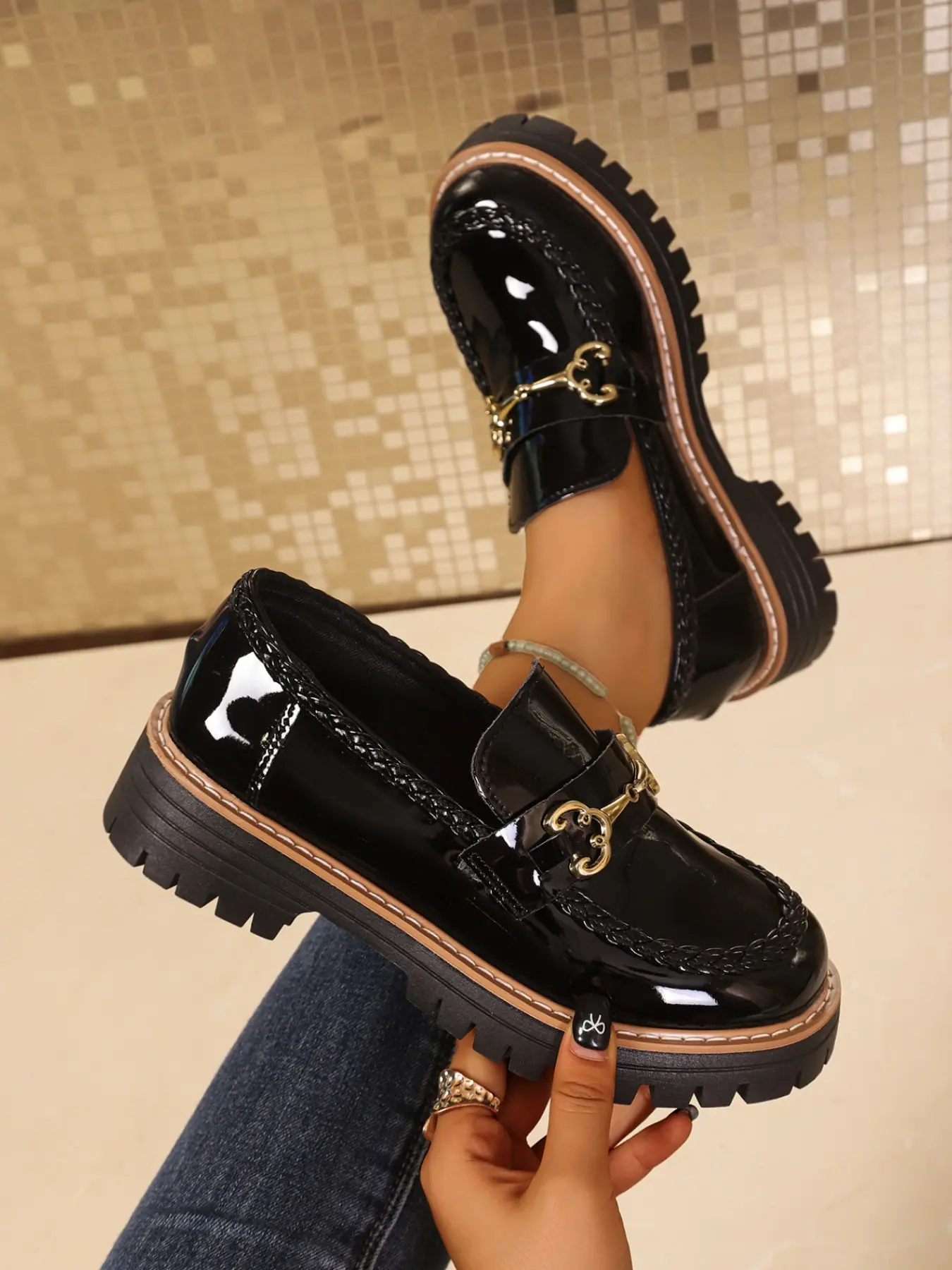 Vintage Braided Edge Bright Leather Loafers, Chunky Sole Anti-Slip Thick Bottom, Girls' Single Shoes, Stylish and Comfortable Footwear
