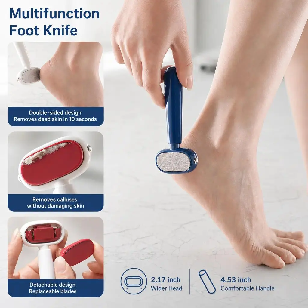Dual‑Sided Foot Callus Remover, Replaceable Stainless Steel Blade Foot Scraper, Portable Manual Dead Skin Corn Remover, Safe Heels Exfoliator Pedicure Tool for Thick Hard Cracked Skin