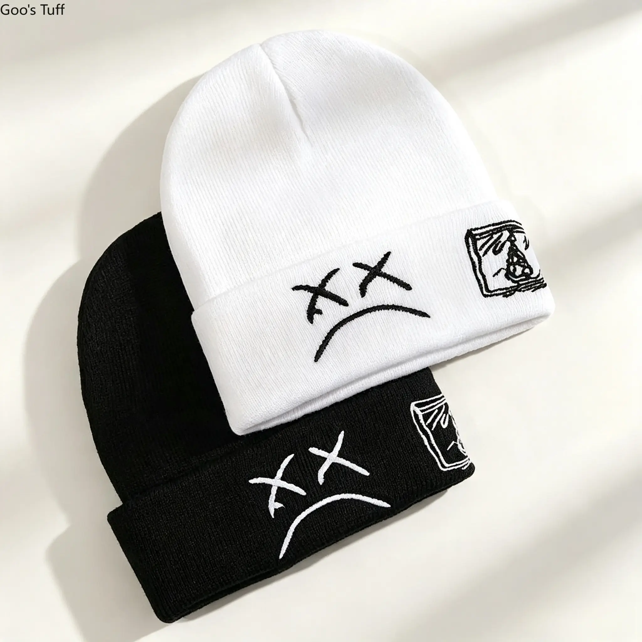 Unisex Plain Sad Face Embroidered Cuffed Knit Beanie - Warm Fitted Hats Women, Hip Hop Style Winter Daily Street Wear Fashion Accessory for Warmth