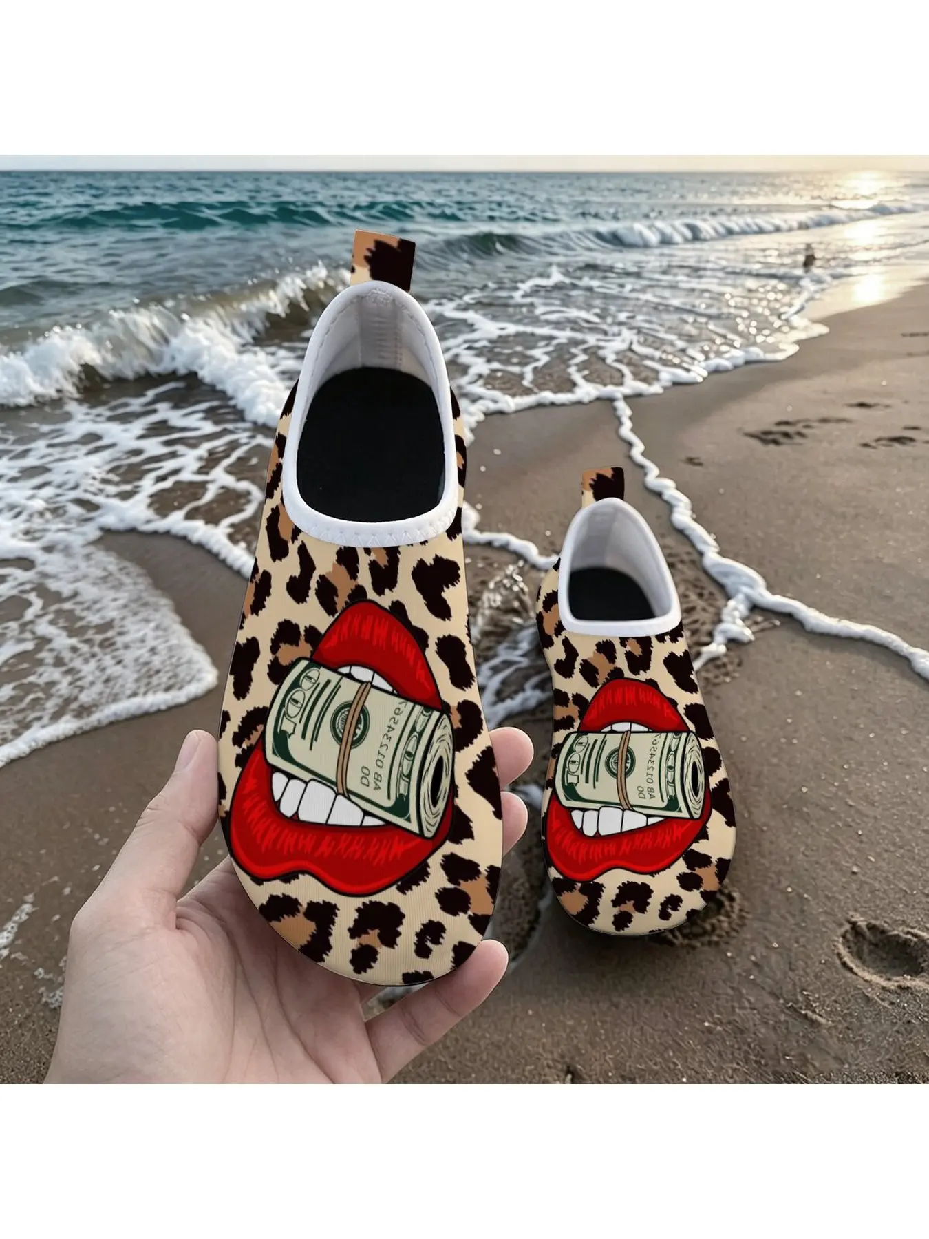 Pop Art Leopard Red Lips Rolled Dollar Print Barefoot Aqua Water Shoes, Quick Dry Non-Slip Breathable Beach Socks, Lightweight Unisex Footwear for Swimming Surfing Lake Pool Summer Vacation Outdoor Sports
